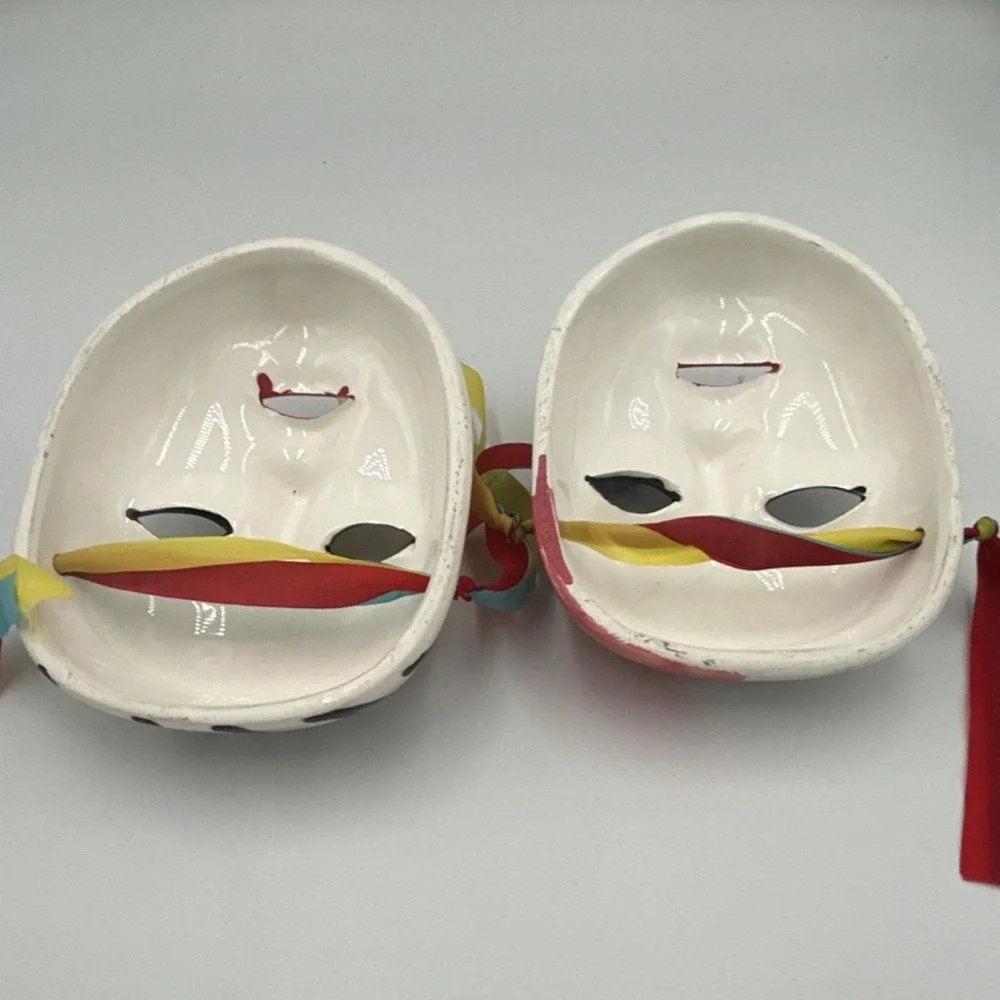 2 White Ceramic Painted carnival Face Masks wall Art